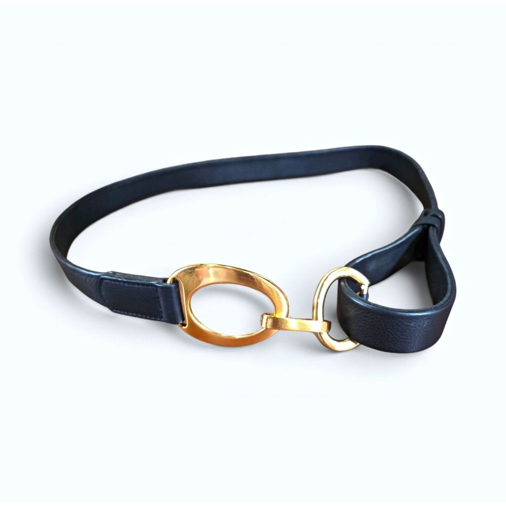 Vintage Black Leather Belt Gold Hook Eye Equestrian Buckle Size L XL Adjustable